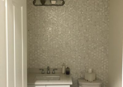 Vanity (3) with White Mist Quartz Backsplash Aether Marble Mother of Pearl Mix